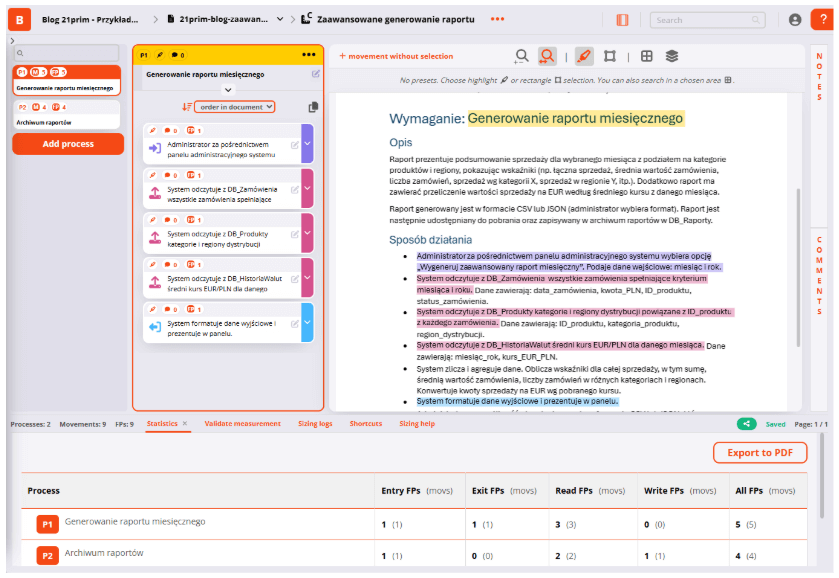Widok wymiarowania w narzędziu 21prim